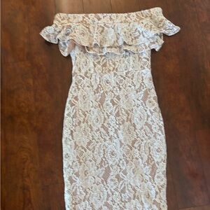 Mustard Seed Blush Lace One-Shoulder Ruffle Dress Elopement Wedding